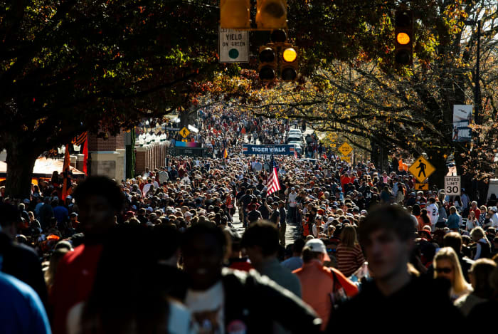Fans gather at tiger walk before Auburn Tigers take on Alabama Crimson Tide at Jordan-Hare Stadium in Auburn, Ala., on Saturday, Nov. 27, 2021.